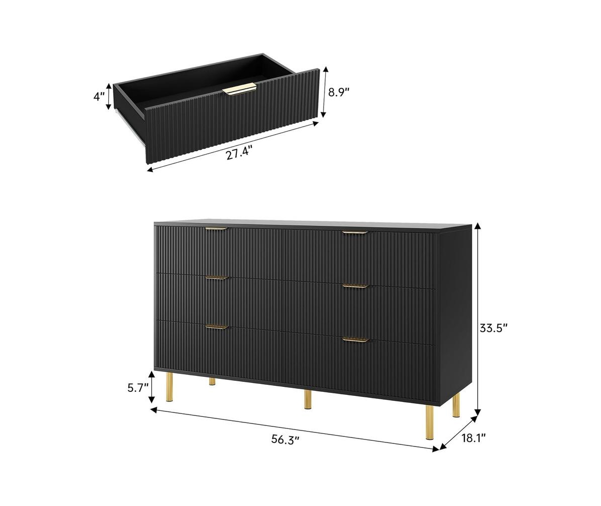 gaomon Modern 6 Drawer Dresser for Bedroom with Gold Handle and Large Drawer, Wood Double Chest of Drawers and Storage Organizer for Living Room, Hall
