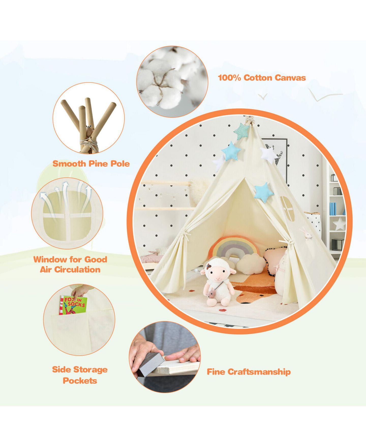 Детская игрушка Gymax Indian Canvas Teepee Tent with Window, Ages 3-7, цвет: Светлый бежевый — фото 6