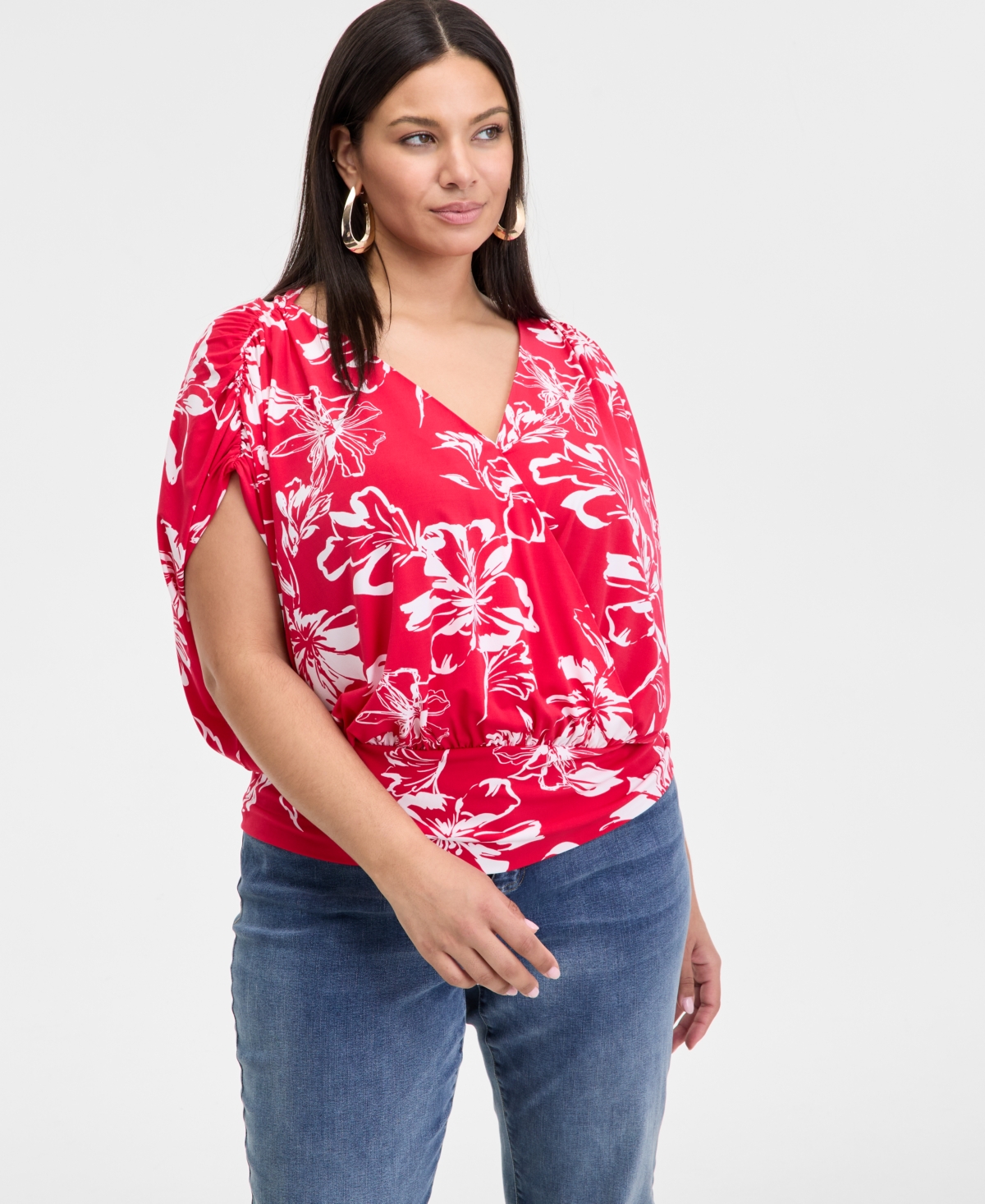 INC Plus Size Printed Ruched Surplice-Neck Top, Exclusively at Macy's - Freya Bloom