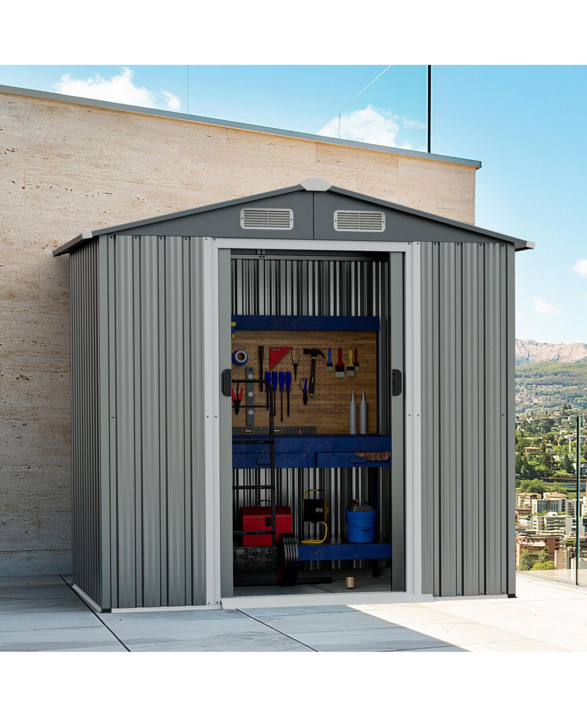 Gouun 6 x 4 Feet Galvanized Steel Storage Shed with Lockable Sliding Doors