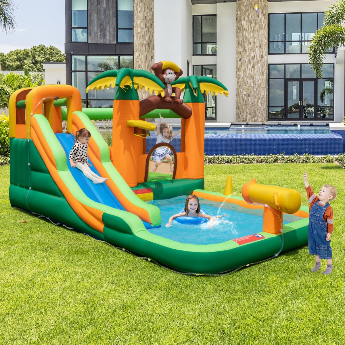 Gouun Monkey-Themed Inflatable Water Slide with Jumping Area and Pool with 680W Blower