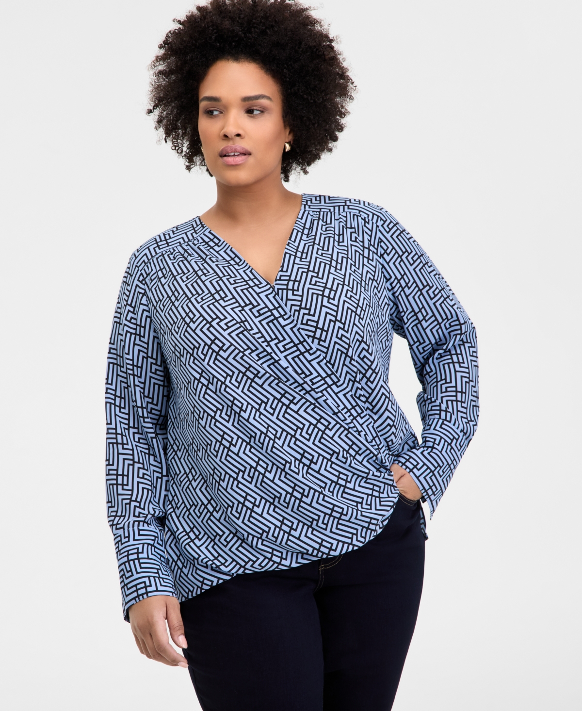 Inc International Concepts Plus Size Cuffed Surplice Blouse, Exclusively At Macy's In Goya Geo