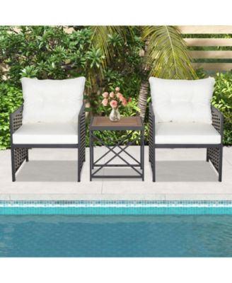 3 Pieces Patio Rattan Furniture Set with Acacia Wood Tabletop