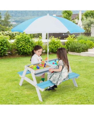 3-in-1 Kids Outdoor Picnic Water Sand Table with Umbrella Play Boxes