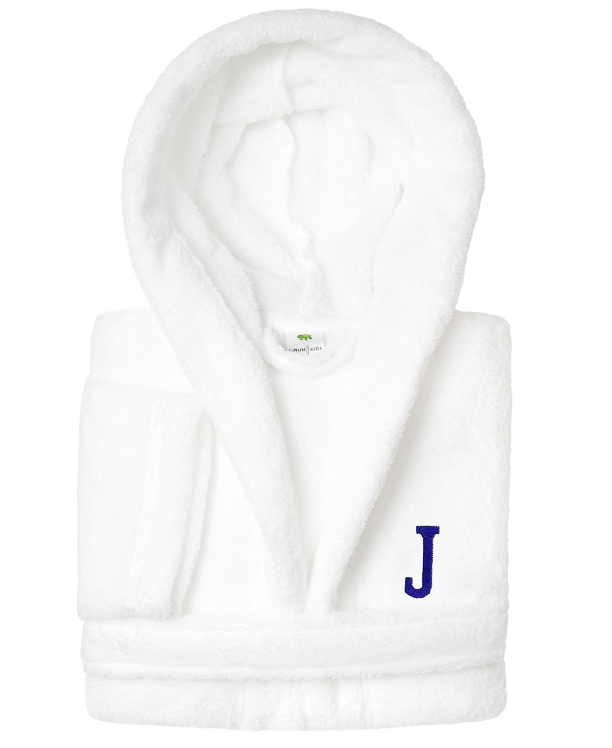 Linum Home Personalized Kids Super Plush Hooded Bathrobe In White,navy J