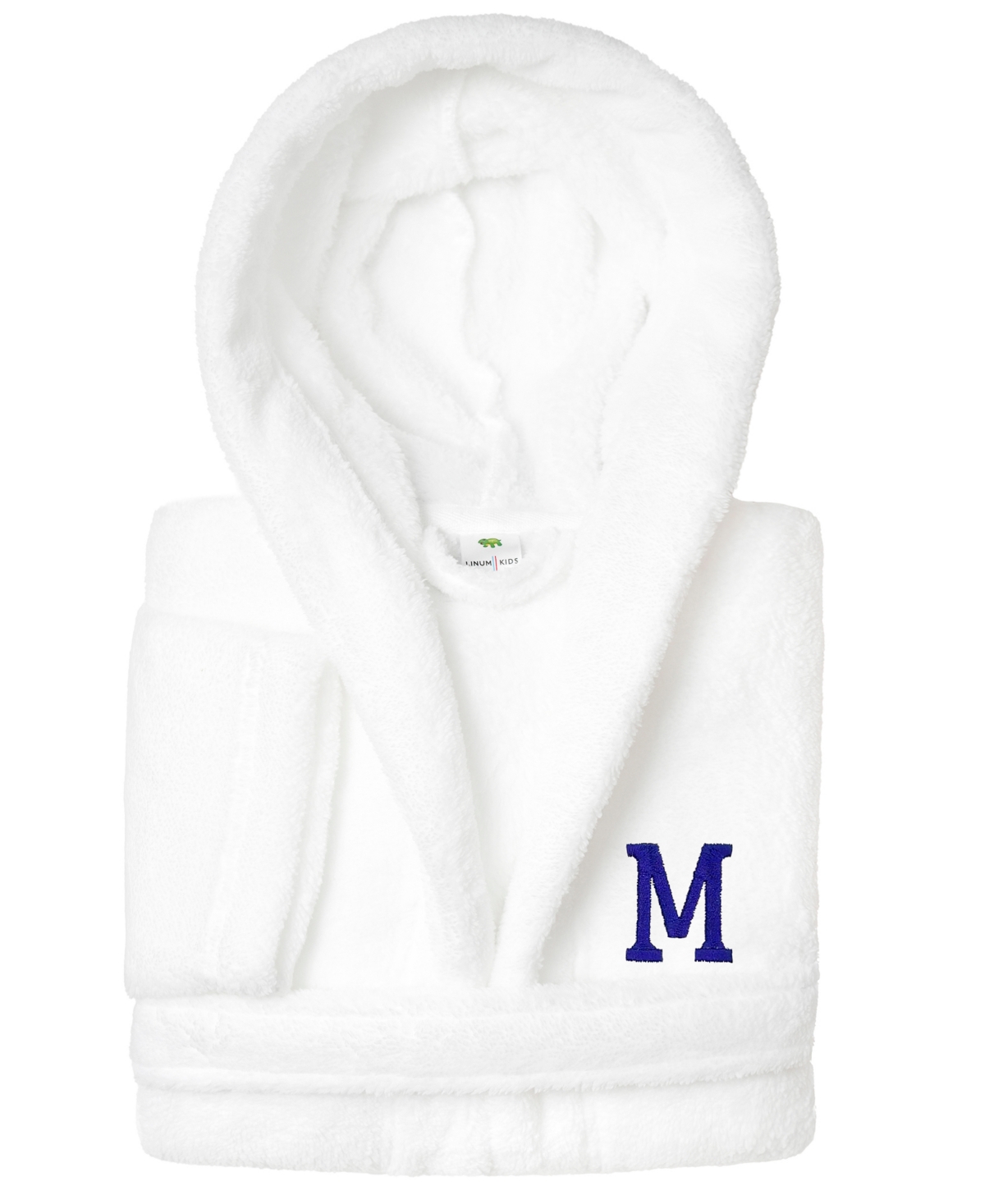 Linum Home Personalized Kids Super Plush Hooded Bathrobe In White,navy M