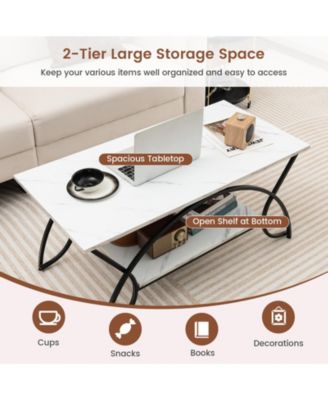 2-Tier Faux Marble Table with Marble Top and Metal Frame