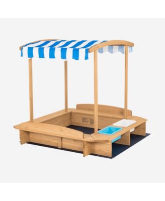 Kids Wooden Sandbox with Striped Canopy