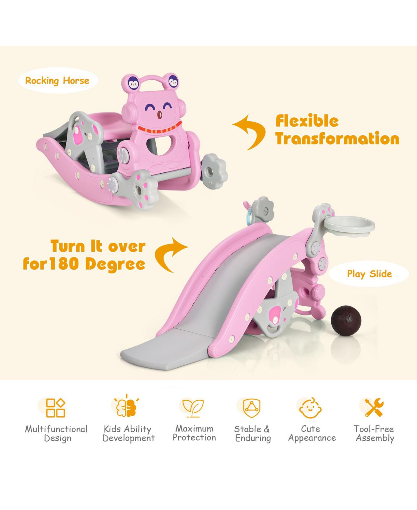 Детские игрушки GOUUN 4-in-1 Penguin Rocking Horse and Slide Set, Ages 1-5, цвет: Розовый — фото 11