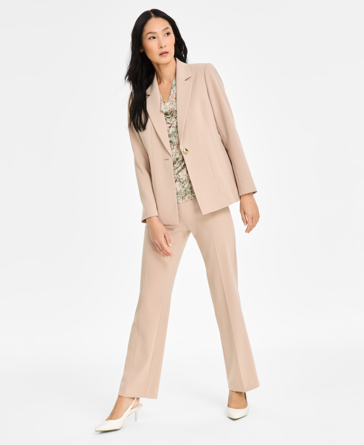 Shop Anne Klein Women's Stretch Notch-lapel Long-sleeve Blazer In Latte