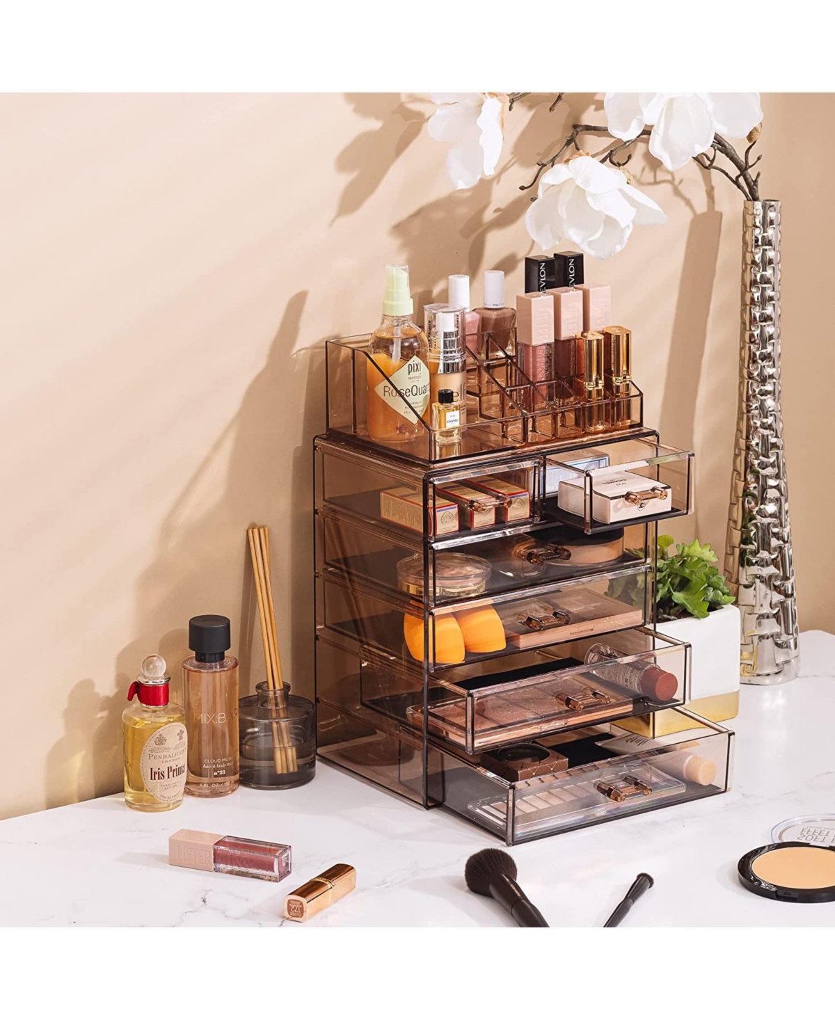 Sorbus 2 Piece Acrylic Makeup and Jewelry Storage Organizer Case (6 Drawers and Lipstick Tray