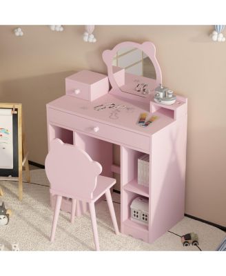 Kids Wooden Play Vanity Set with Vanity Table, Mirror