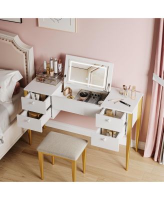 Makeup Vanity Desk with Flip Top Mirror and Lights, 47 3 in 1 Vanity Table with 5 Drawers