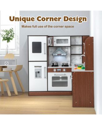 Wooden Corner Play Kitchen w/ Lights & Sounds Water Circulation System for Kids