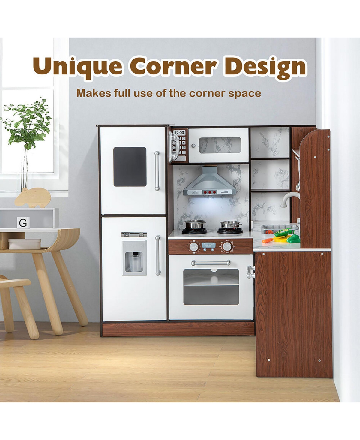 Gymax Wooden Corner Play Kitchen w/ Lights & Sounds Water Circulation System for Kids - Brown+white