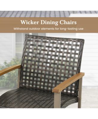 Outdoor Rattan Chair Set of 4 Patio PE Wicker Dining Chairs w/ Acacia Wood Armrests Balcony Poolside