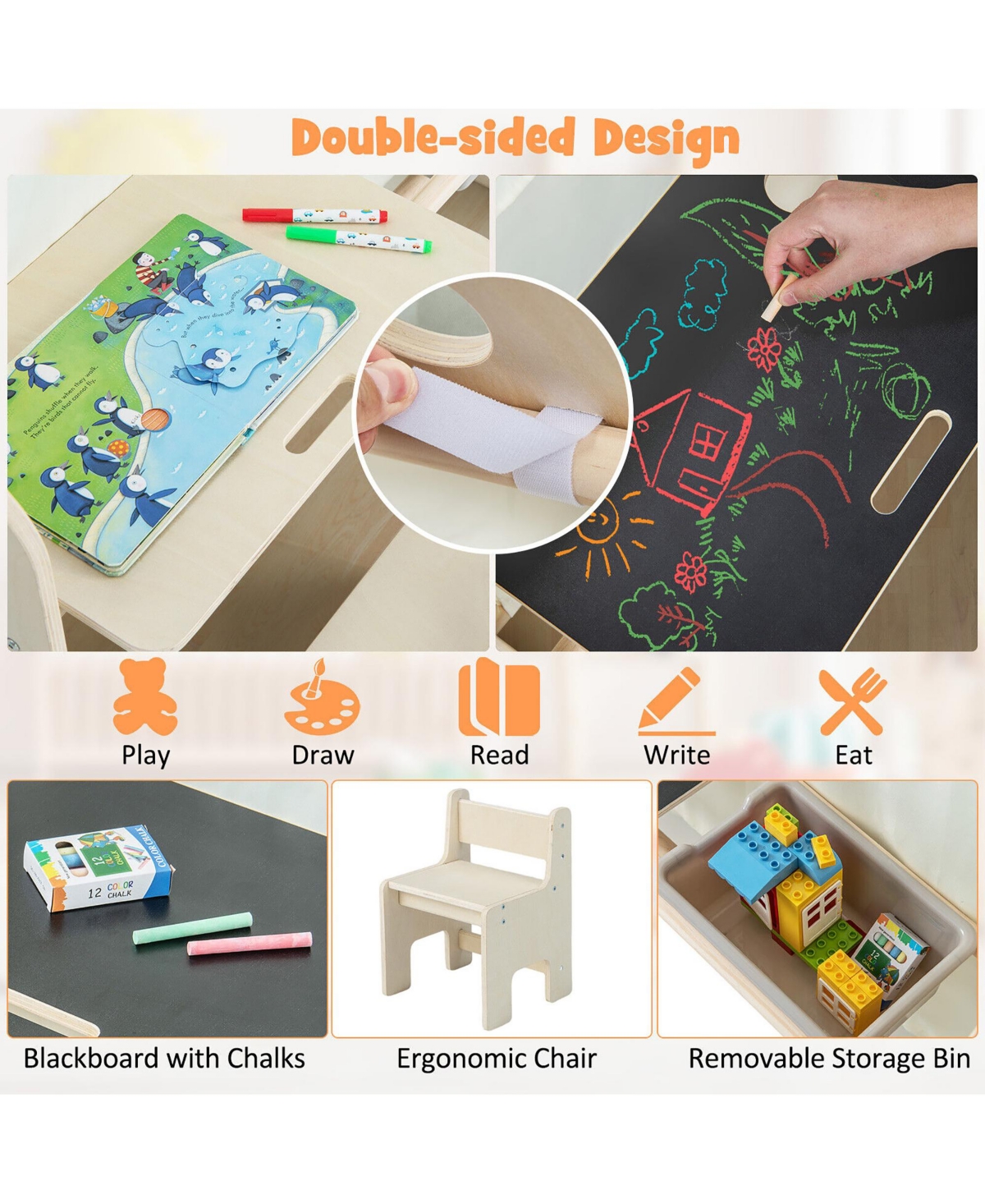 Gymax 6-in-1 Kids Playhouse Wooden Indoor Play Tent w/ Blackboard Desk Table Chair - Natural+white