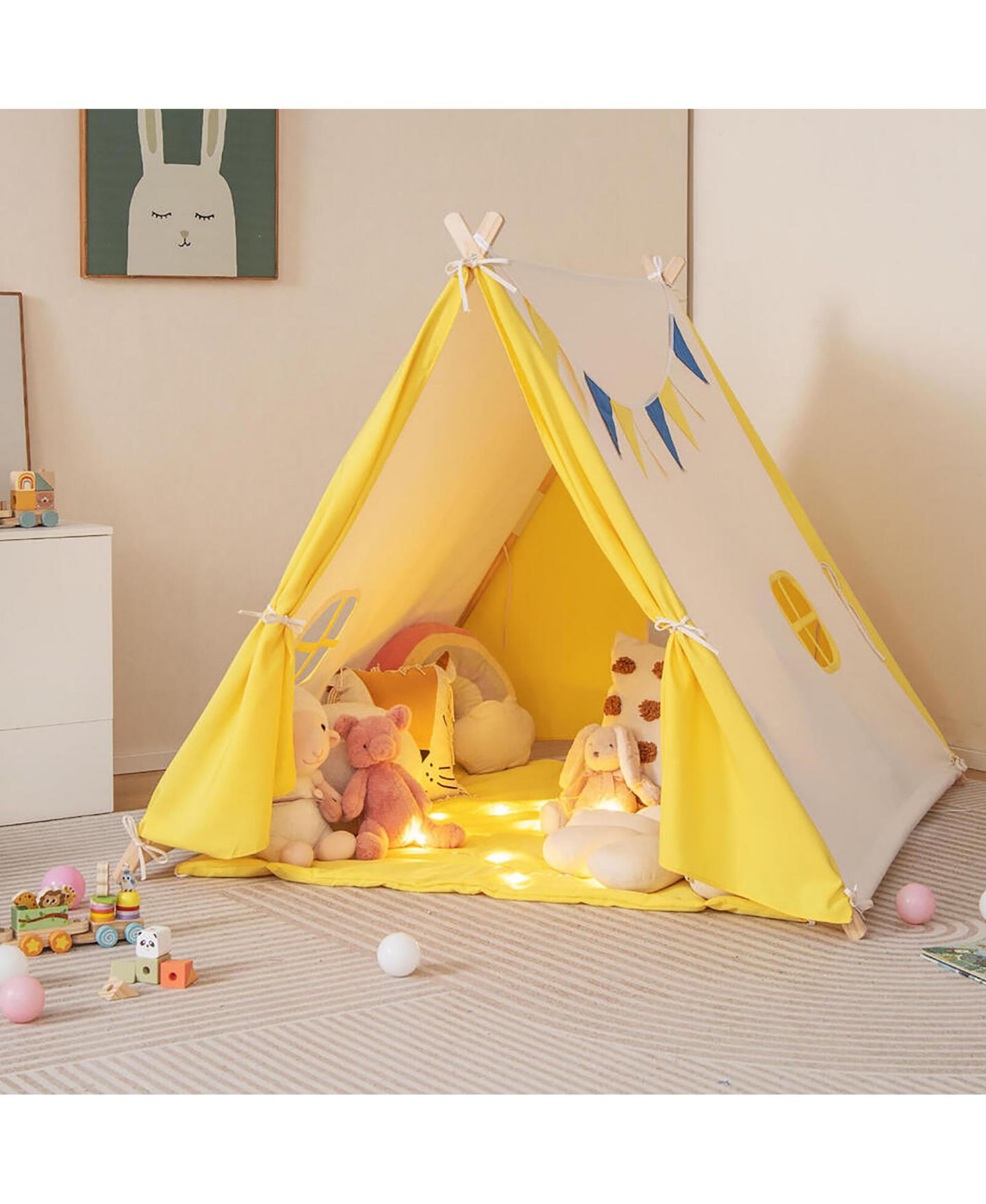 Детская игрушка Gymax Triangular Kids Play Tent with Solid Wood Frame, Ages 3+, цвет: Жёлтый — фото 2