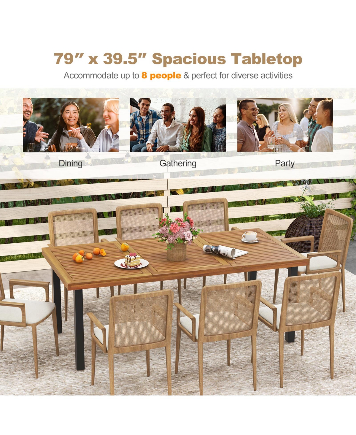 Gouun Acacia Wood Dining Table 8-Person Patio Table with Umbrella Hole and Adjustable Foot Pads