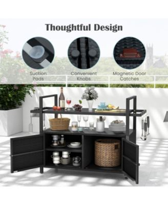 Outdoor Bar Cart Rolling Wicker Buffet Serving Cart with Tempered Glass Top Storage Cabinet and 8 Hooks