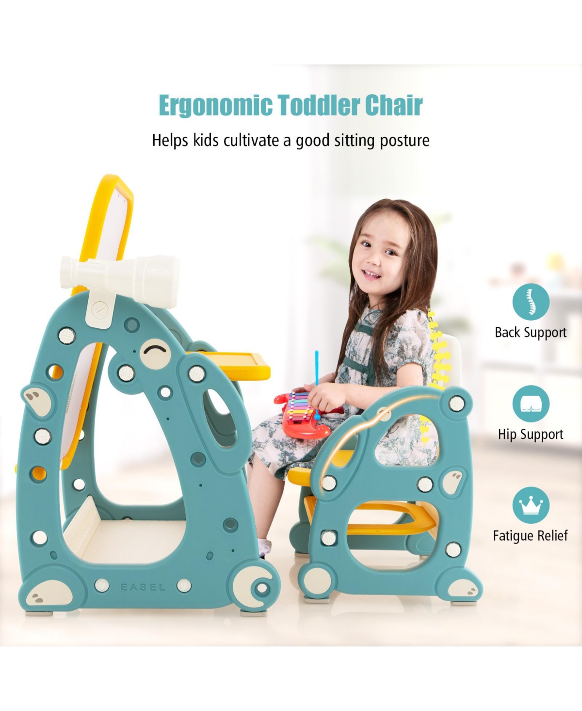 Gouun Kids Art Easel with Chair and 3-Level Adjustable Whiteboard