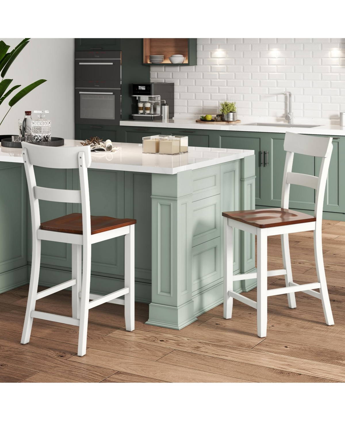 Farmhouse Dining Bar Stool Set of 2 with Solid Rubber Wood Frame