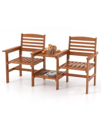 Outdoor Patio Wood 2-Seat Conversation Set with Table and Umbrella Hole