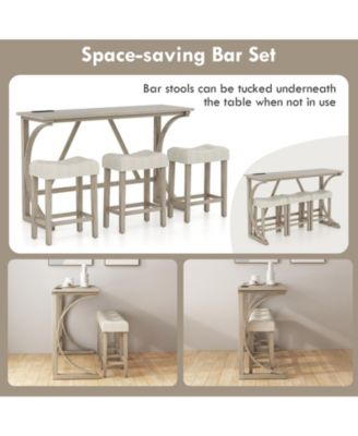 4-Piece Bar Table Set with Power Outlet and Upholstered Saddle Seat Stools