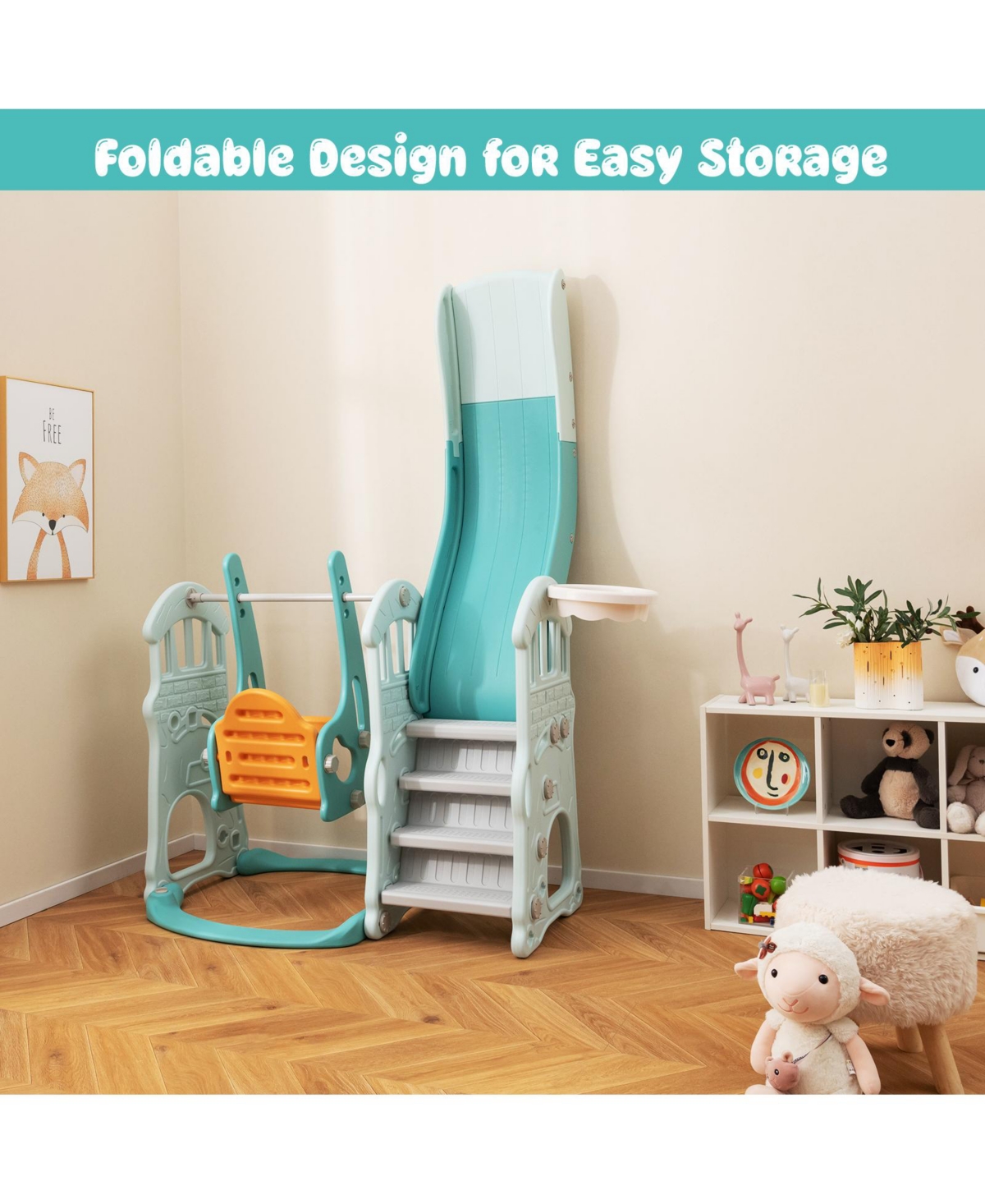 Gouun Toddler Slide and Swing Set with Extra-long Slide Height Adjustable Swing Basketball Hoop and Climber