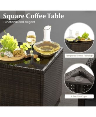 5 Pieces Patio Rattan Furniture with 2 Ottomans and Tempered Glass Table