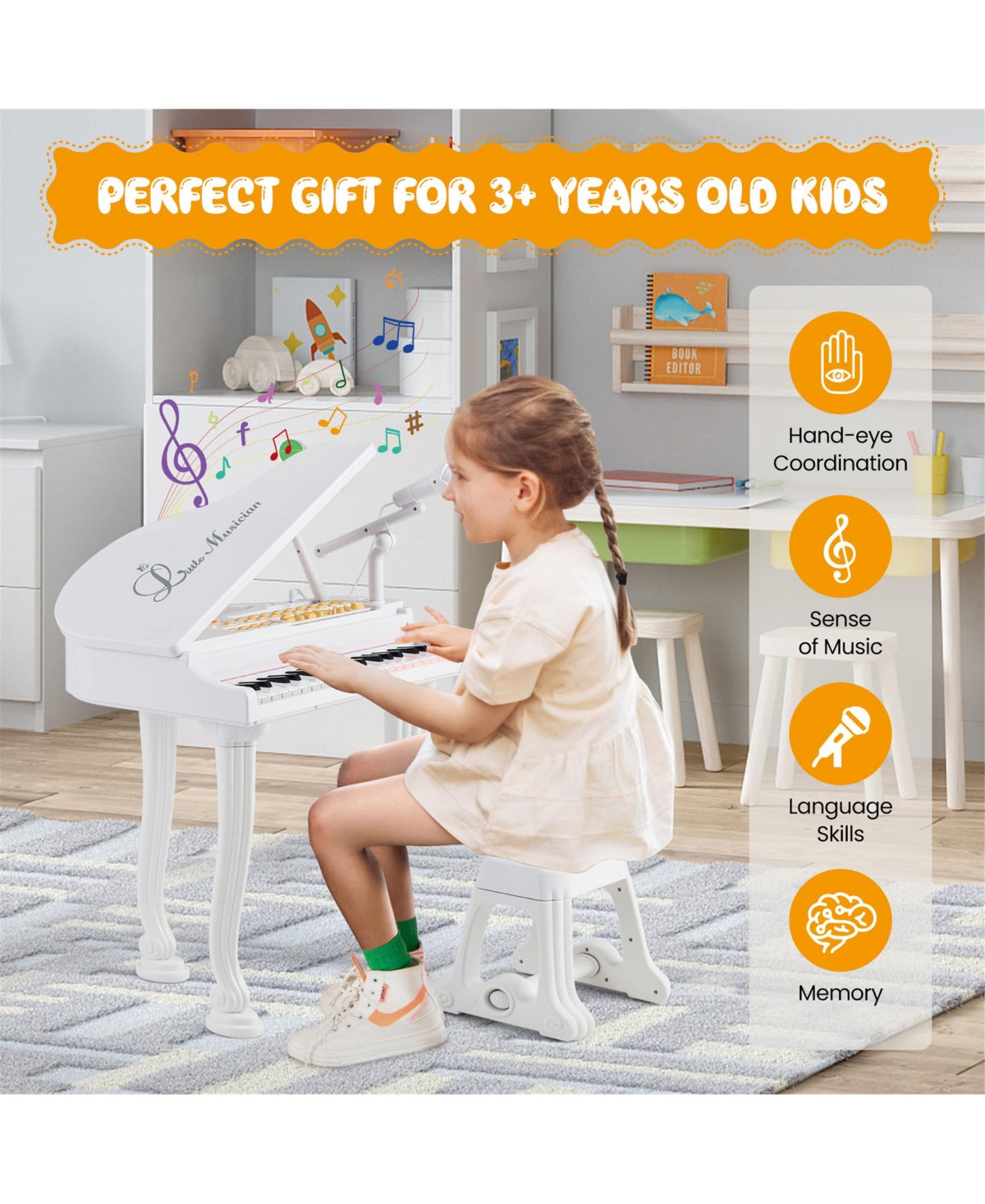 Gymax 37 Keys Kids Piano Keyboard Toy Toddler Musical Instrument w/ Stool & Microphone