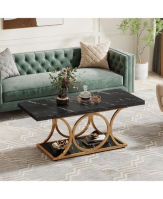 47.24" Modern Coffee Table 2-Tier Faux Marble Wood with Geometric Metal Legs, Stylish & Functional for Living Room Black Friday 2024 Deal