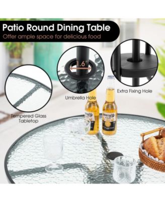 6 Pieces Patio Dining Set Folding Chairs Glass Table Tilt Umbrella for Garden