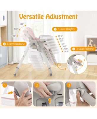 Kids Multifunctional Folding High Chair with Rolling Wheels and Adjustable Height