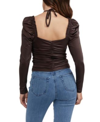 Women's Puff Sleeve Coated Ruched Top