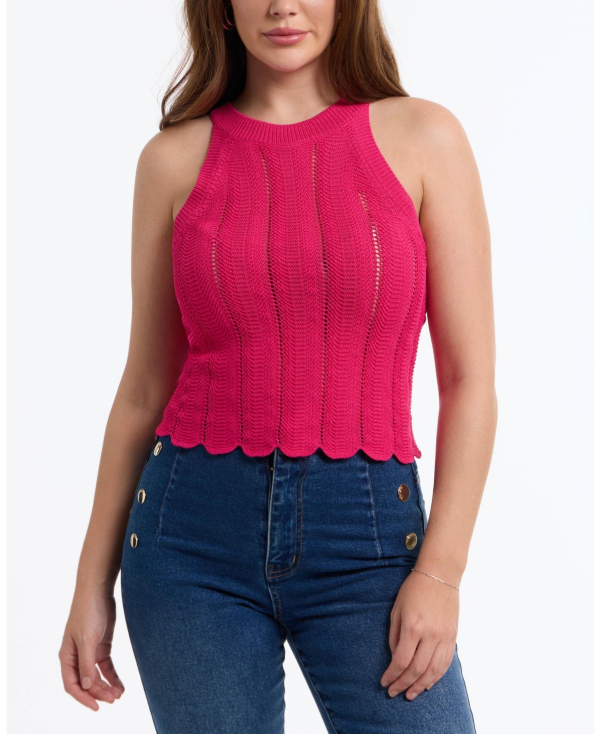 Women's Scallop Hem Pointelle Sweater Halter Top - Bright rose