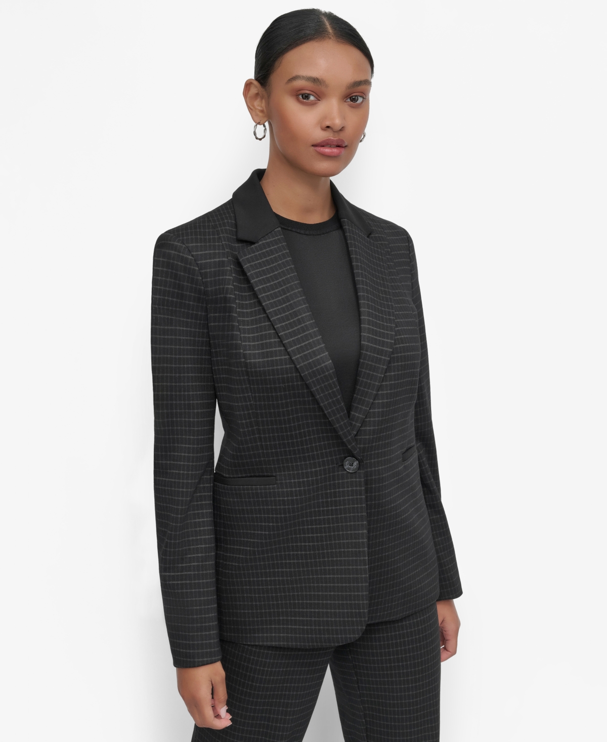 Shop Dkny Petite Ponte One-button Blazer In Black,icy Chip Grey Combo