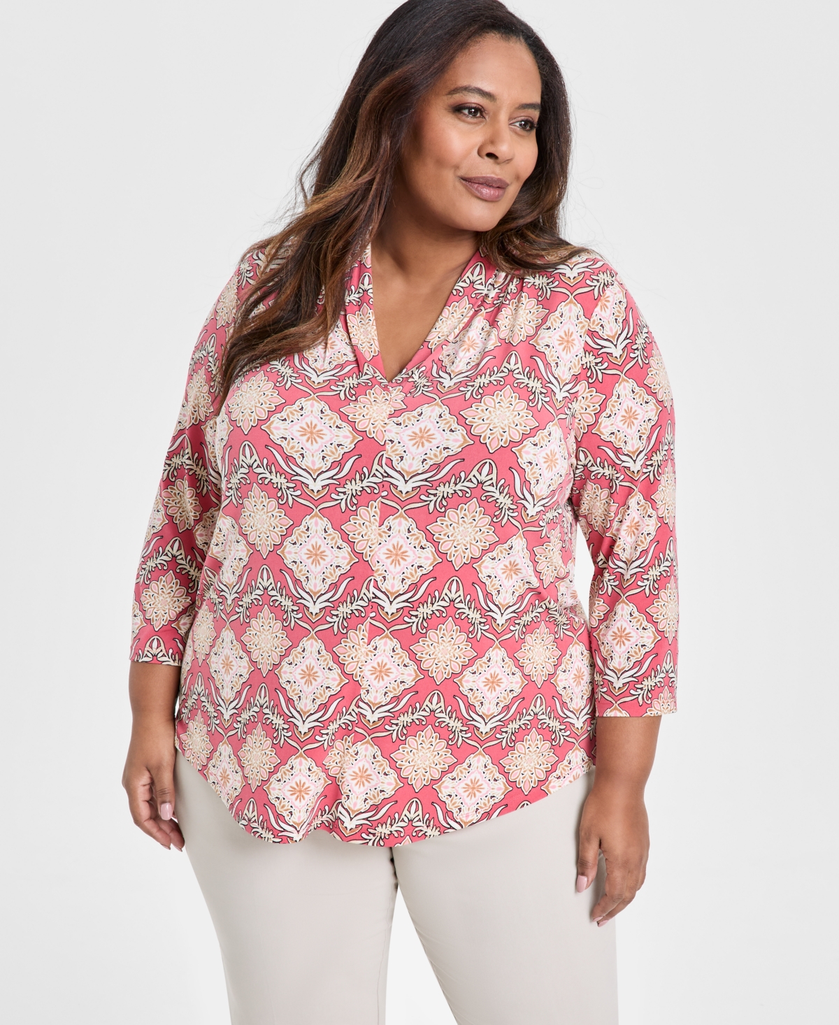 JM COLLECTION PLUS SIZE PRINTED 3/4-SLEEVE TOP, EXCLUSIVELY AT MACY'S 