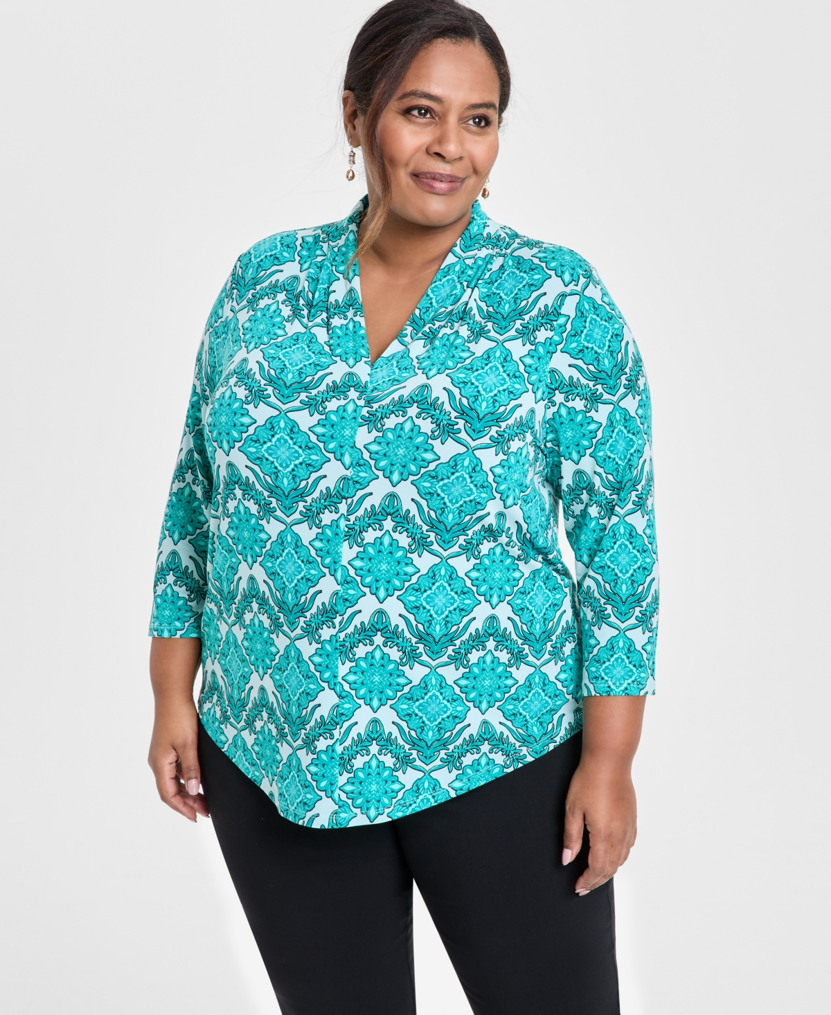 Jm Collection Plus Size Printed 3/4-sleeve Top, Exclusively At Macy's In Tear Drop