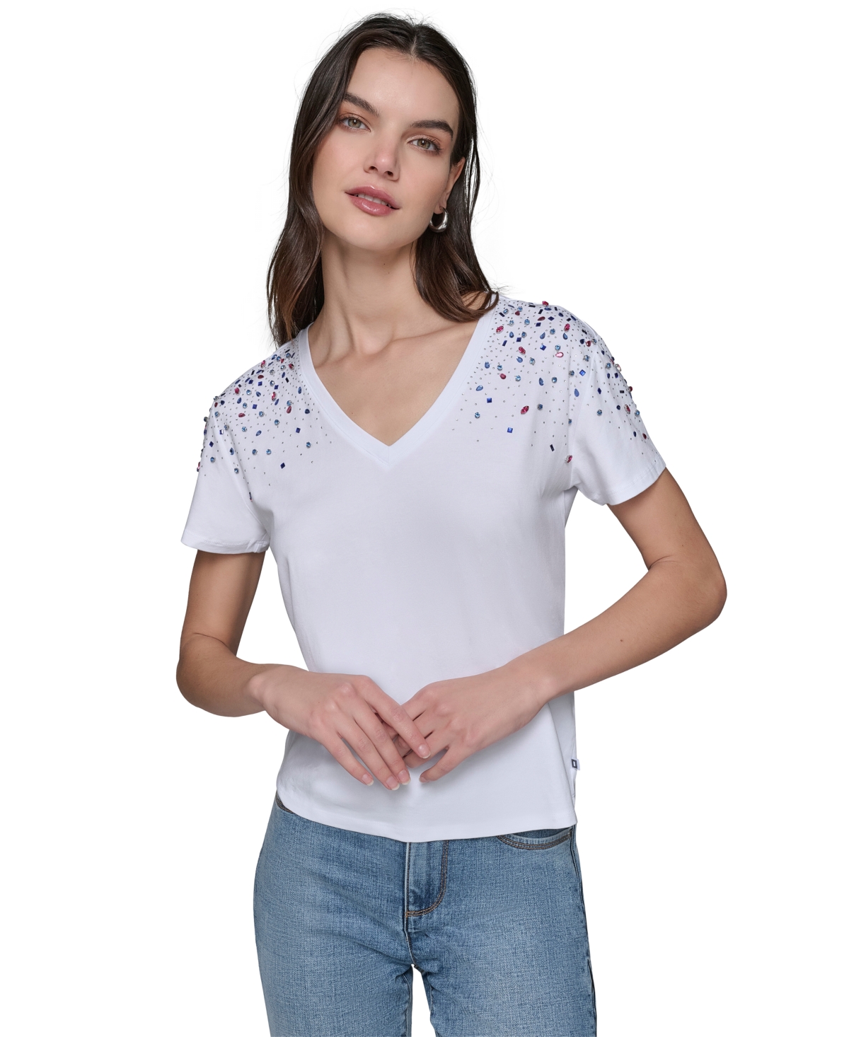 Karl Lagerfeld Women's Embellished V-neck T-shirt In White