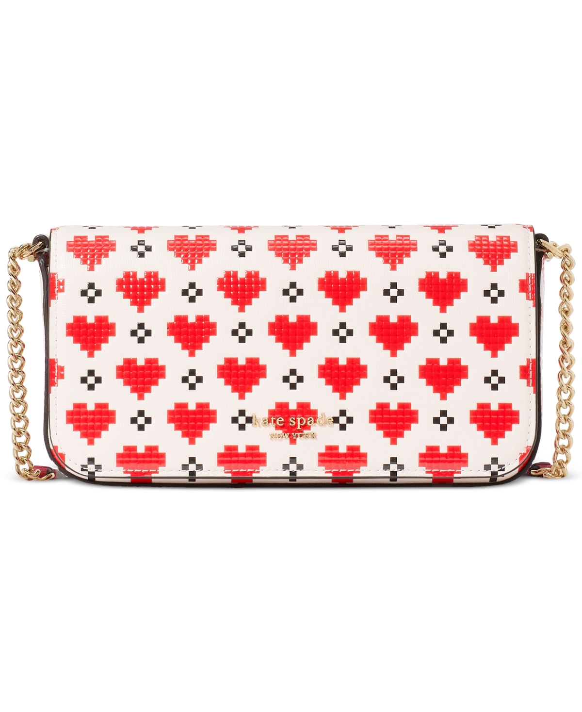 Kate Spade Devin Pixel Heart Embossed Saffiano Leather Small Chain Wallet Crossbody In Cream Multi
