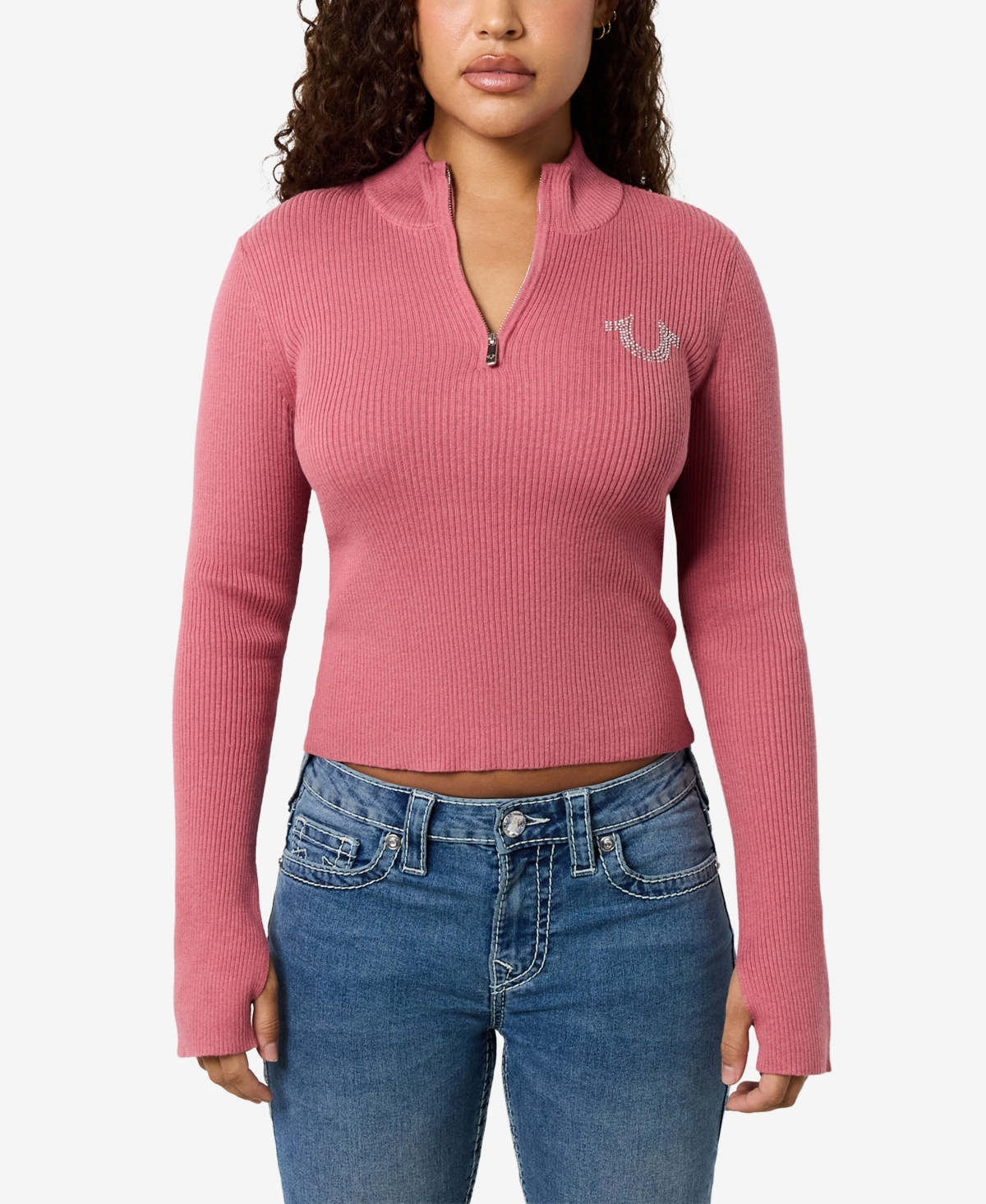 TRUE RELIGION WOMEN'S CRYSTAL ZIP MOCK NECK TOP 