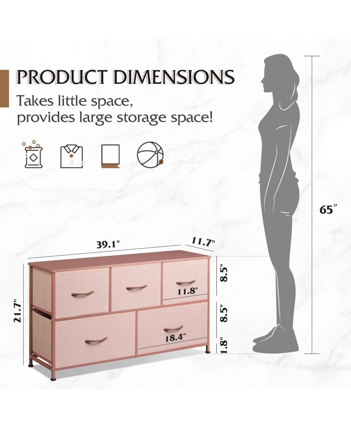 Wlive Dresser for Bedroom with 5 Drawers Wide Chest of Drawers Fabric Dresser Storage Organizer Unit with Fabric Bins for Closet Living Room Hallway