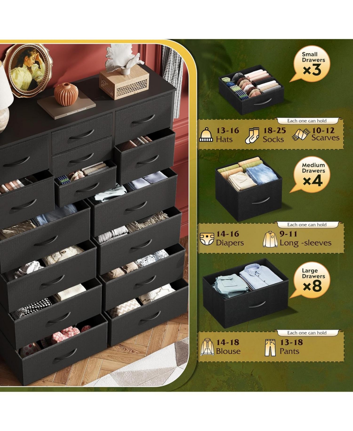 Wlive Dresser for Bedroom with 10 Drawers Tall Storage Tower with Drawer Organizers Side Pockets and Hooks Fabric Dresser Chest of Drawers for Living