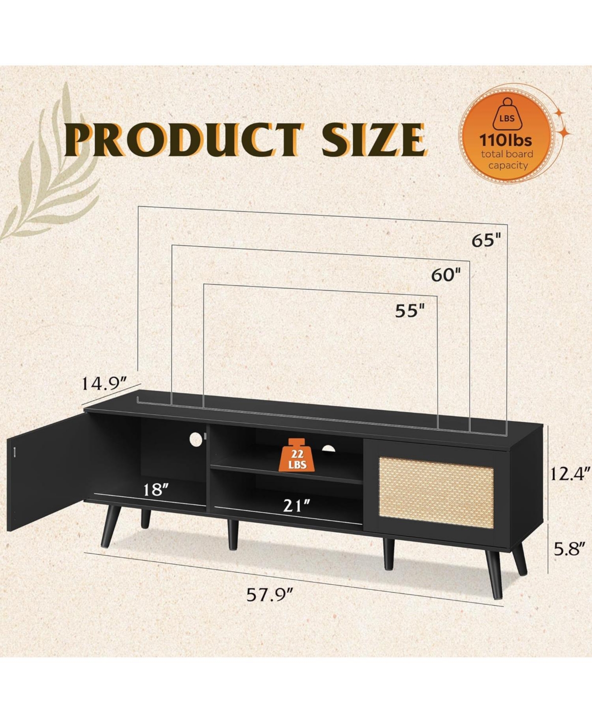 Wlive Rattern Tv Stand for Tv Mid Century Modern Entainment Center with Rattern Doors Boho Tv Console with Storage Shelf and 2 Cabinets for Be