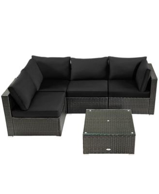 5 Pieces Cushioned Patio Rattan Furniture Set with Glass Table