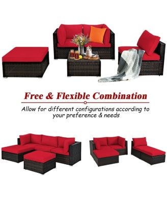 5 Pieces Patio Rattan Sofa Set with Cushion and Ottomans