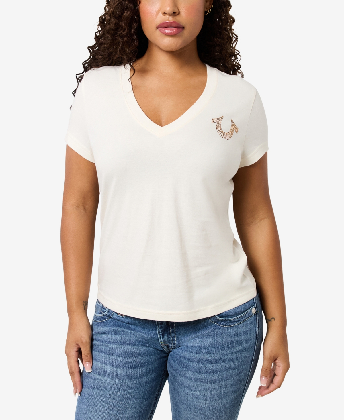 TRUE RELIGION WOMEN'S CRYSTAL HORSESHOE V NECK T-SHIRT 