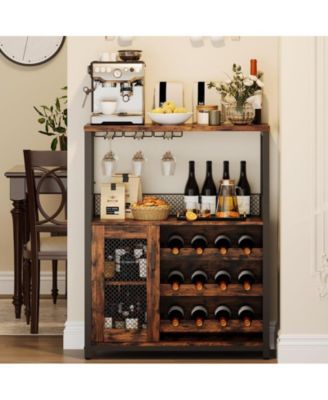 3-Tier Wine Bar Cabinet with LED Lights, Detachable Wine Rack and Storage Space, Buffet Cabinet with Glass Holder and Mesh Door, for Kitchen, Living Room and Bar