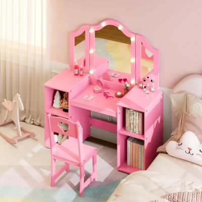 Kids Vanity Set, 2-in-1 Princess Makeup Table with Tri-Folding Mirror, Stool, Toddler Vanity, Pretend Play Vanity Set for Kids